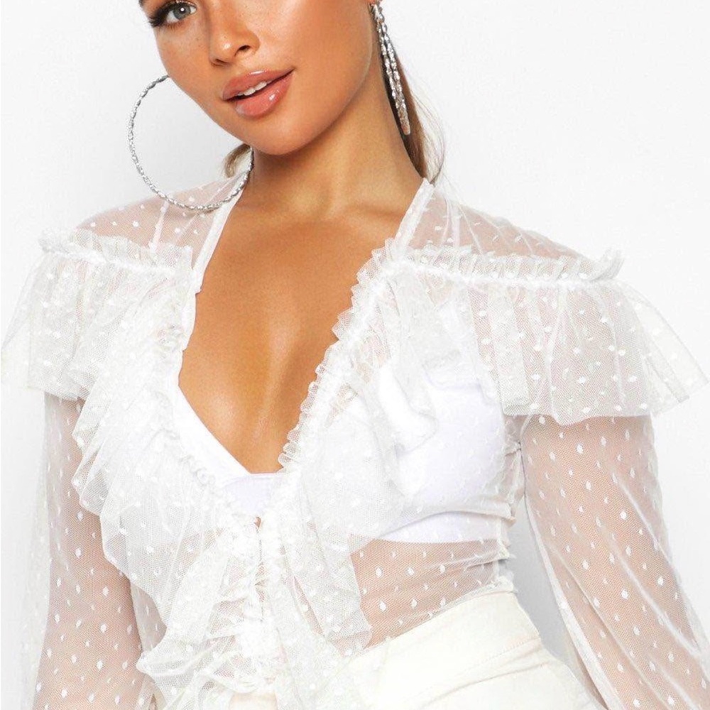 ASOS Sheer White Ruffle lace bodysuit  size 18 tall ( long torso ) for 14/16 imo